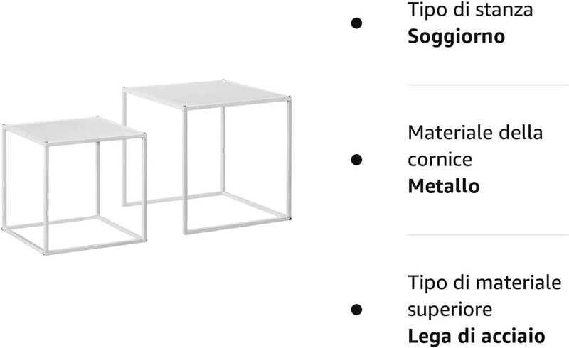 Set 2 Tavolini Da Caffè Impilabili Quadrati, Tavolini Da Salotto E Soggiorno in Acciaio, Bianco