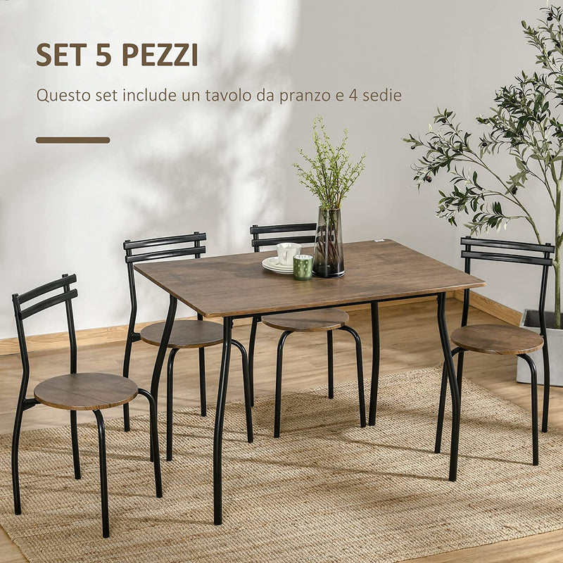 Set Tavolo E Sedie Con 1 Tavolo Rettangolare E 4 Sedie in Acciaio E MDF per Cucina, Sala Da Pranzo E Spazi Limitati, Marrone Noce E Nero