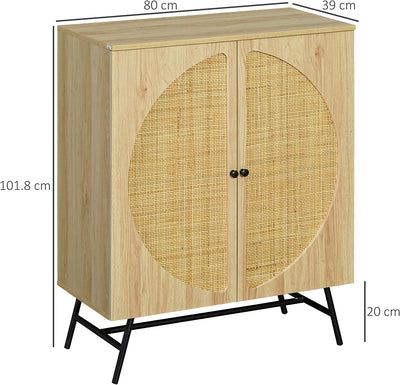 Credenza Stile Boho a 2 Ante Con 2 Ripiani Interni, Gambe in Acciaio E Inserti in Rattan, 80X39X101.8Cm, Naturale