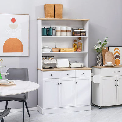 Credenza Da Cucina in Legno Bianco Con 3 Ripiani, 3 Cassetti E 2 Armadietti 101X39X180.5 Cm