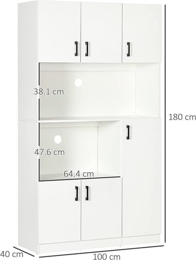 Mobile Dispensa Alto in Truciolato Con 6 Armadietti E 2 Ripiani Aperti, per Cucina, Sala Da Pranzo E Soggiorno 100X40X180 Cm, Bianco