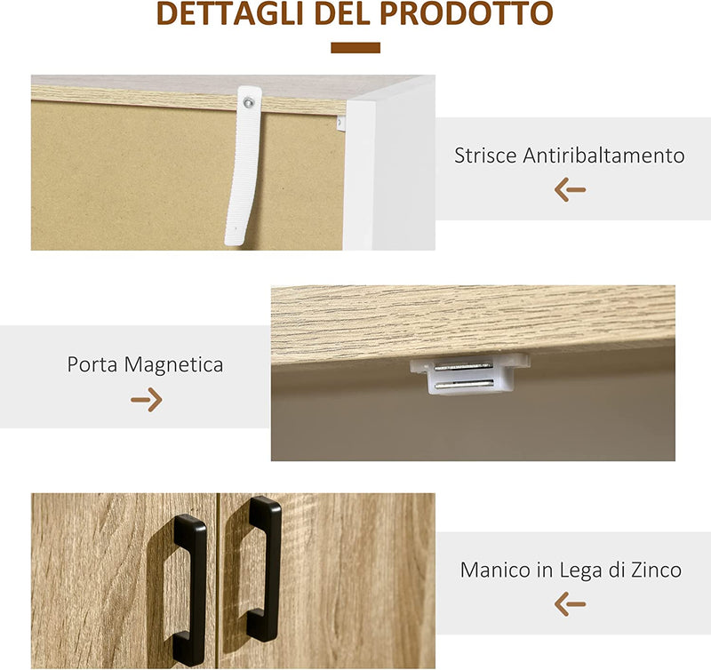 Mobiletto Multiuso per Ingresso E Soggiorno, Armadietto 2 Ante Con Mensola Regolabile in MDF, 62X40X77Cm, Bianco E Legno