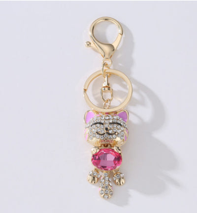 Fashion Enamel Lucky Cat Crystal Keychain Alloy Keyring for Women Party Gift Key Chains