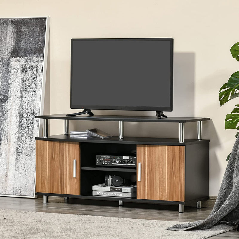 Mobile TV Moderno Con 2 Ripiani, Fori Passacavi E 2 Armadietti, Mobiletto Basso per TV Fino 45", Nero E Marrone, 105X40X55Cm