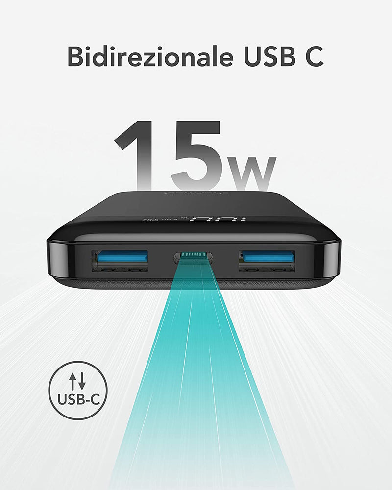 Power Bank 10400Mah, USB C Caricabatterie Portatile Con LED Digitale Display Batteria Esterna Portatile Con 2 Ingressi E 3 Uscite Da 5V/3A per Huawei Xiaomi Smartphone.(Nero)