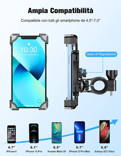 Porta Cellulare Bici, Universale Manubrio Porta Cellulare Moto Con Pad in Silicone, 360° Rotabile Antivibrazione Porta Telefono Bici Compatibile Con Iphone 14 PRO Max/13/12, Samsung, Huawei