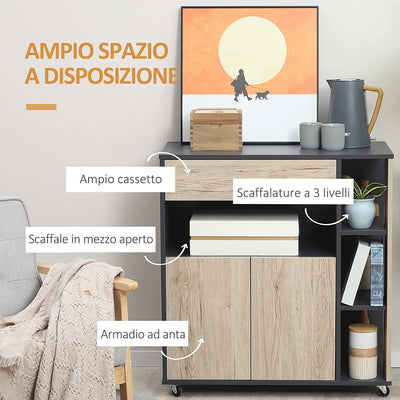 Mobiletto Ausiliario Da Cucina Multiuso in Legno Con Ruote 80 X 39 X 86.5Cm