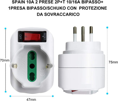 Adattatore Multipresa Tripla,Con Protezione Sovraccarico Ed Interruttore,Adattatori Da Schuko a Spina Piccola 10A,Spina Rotante,Bianco,Confezione Da 2