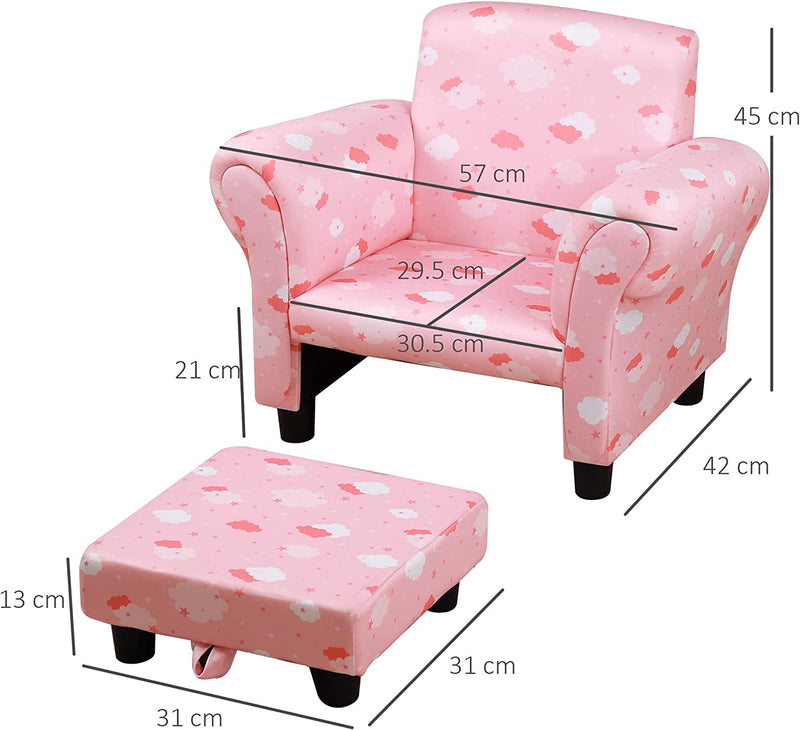 Poltroncina per Bambini Con Poggiapiedi Estraibile, Struttura in Legno Con Imbottitura, 57X42X45Cm, Rosa E Bianco