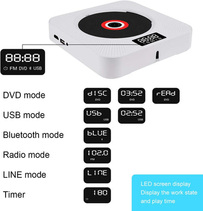 Lettore DVD Bluetooth Lettore CD Parete Bambini MP3 Lettore DVD/CD Radio Con Display a LED, Funzione Timing, Telecomando, HDMI, Presa Di Alimentazione USB, Jack per Cuffie Da 3,5 Mm, Bianco