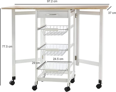 Carrello Da Cucina Con 3 Cestini, Cassetto E Ribalte, 6 Ruote Girevoli, in MDF E Metallo, 37X37X77.5Cm, Bianco E Legno