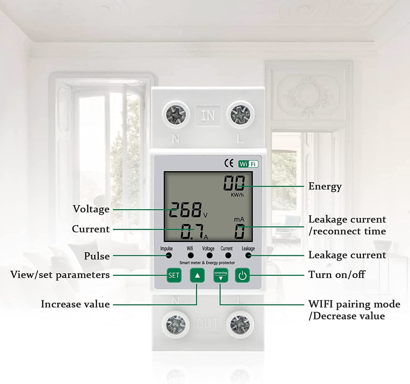 Contatore Energia Elettrica, Misuratore Consumo Elettrico Con Kwh Meter Wifi Guida DIN Digitale LCD, Contatore Di Energia Monofase Multifunzione 220V