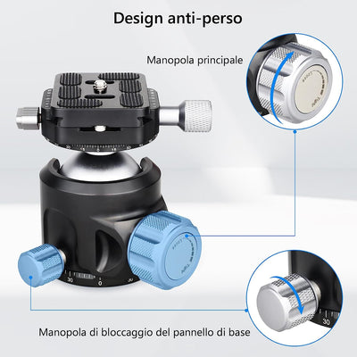 Testa per Treppiede a Basso Profilo, 44 Mm, in Metallo, Doppia Panorama Con Piastra a Sgancio Rapido Arca 1/4" per Treppiede, Monopiede, Cursore, Fotocamera DSLR, Portata: 25 Kg