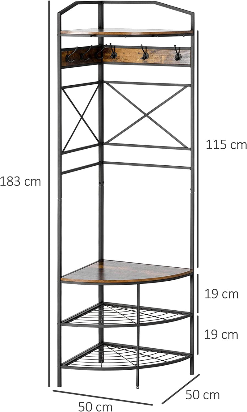 Appendiabiti Da Terra Angolare Con Panca E Scarpiera, Attaccapanni Con Ganci E Mensola in Stile Industriale, 50X50X183Cm, Marrone