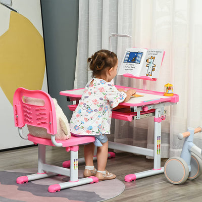 Banco Scuola Con Sedia per Bambini 6-12 Anni Altezza Regolabile, Piano Inclinabile a 45° E Lampada LED, Acciaio E MDF, Rosa