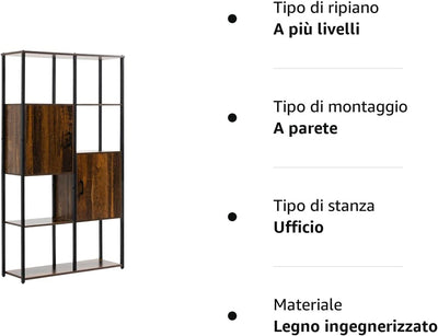 Libreria Moderna Stile Industriale Con 4 Ripiani E 2 Armadietti, Scaffale in Metallo E Legno per Casa E Ufficio, 90X30X159.5Cm, Nero E Marrone