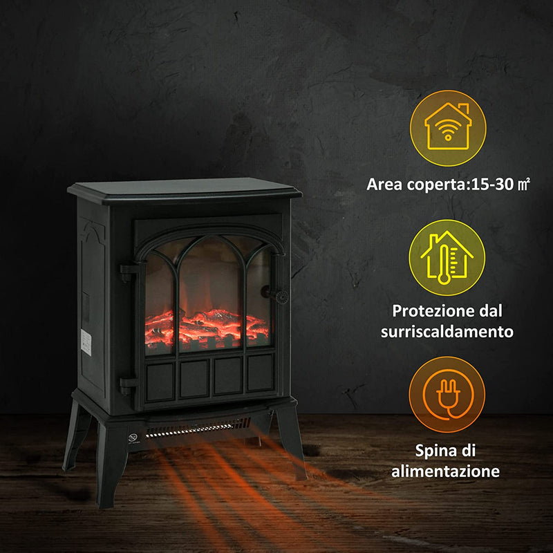 Camino Da Terra Elettrico Potenza 1000W / 2000W Con Effetto Fiamma Luminosità Regolabile Ferro E Vetro 39×23×56.5Cm