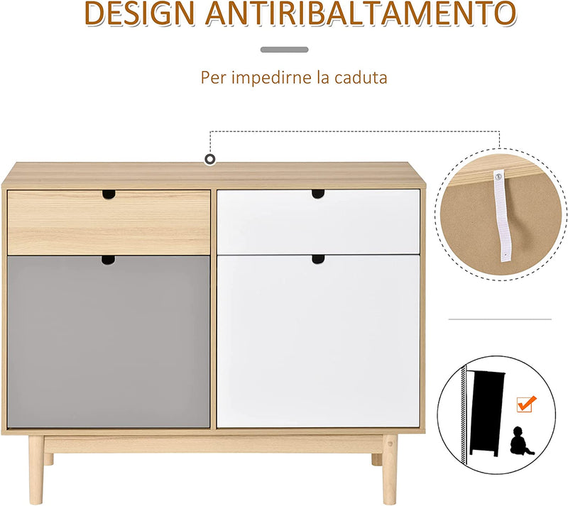 Mobile Multiuso Stile Nordico, Armadietto Due Ante Con Cassetti per Cucina E Ingresso, 100X40X79.5Cm, Multicolore