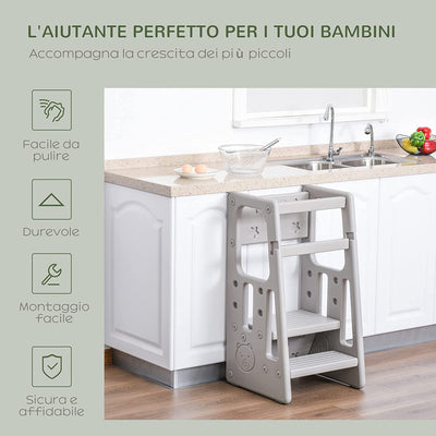 Scaletta per Bambini Torre Montessoriana Altezza Regolabile 3 Livelli, HDPE Inodore, 47X47X90Cm, Grigio