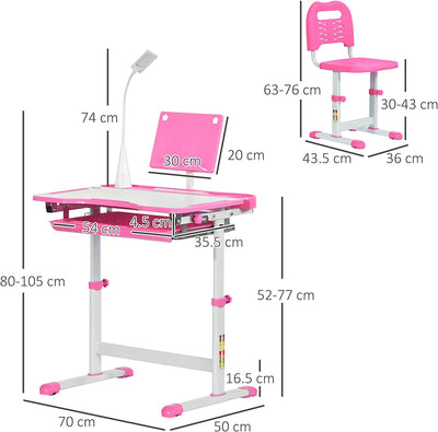 Banco Scuola Con Sedia per Bambini 6-12 Anni Altezza Regolabile, Piano Inclinabile a 45° E Lampada LED, Acciaio E MDF, Rosa