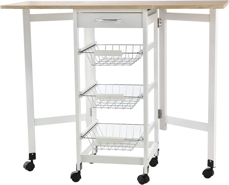 Carrello Da Cucina Con 3 Cestini, Cassetto E Ribalte, 6 Ruote Girevoli, in MDF E Metallo, 37X37X77.5Cm, Bianco E Legno