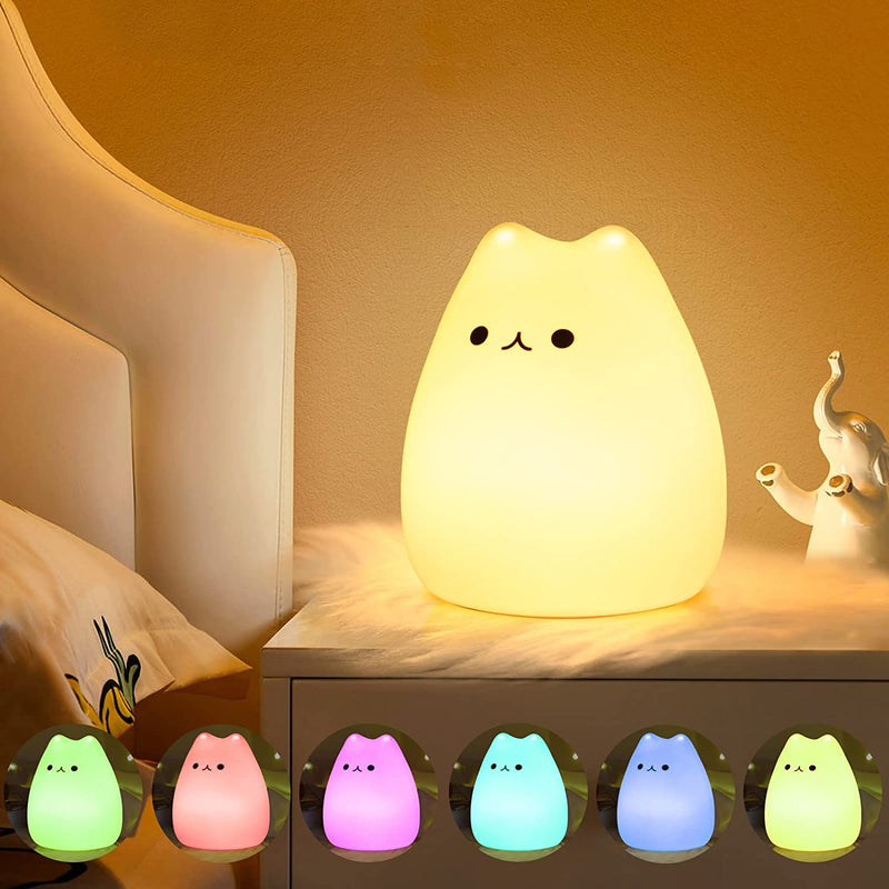 Luce Notturna Bambini, Lampada per Gatto, Funzione Timer 7 Colori USB Ricaricabile LED Silicone Regalo Neonato Cameretta