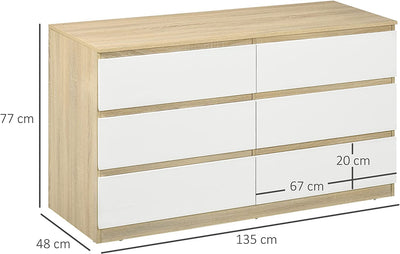 Cassettiera 6 Cassetti Moderna in Legno, Mobile Cassettiera per Camera Da Letto 135X48X77Cm, Bianco E Legno