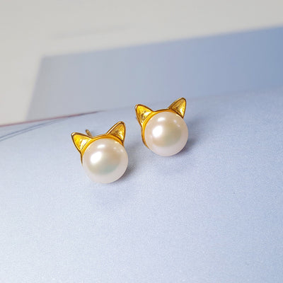 925 Sterling Silver Natural Freshwater Pearl Sprouting Cat Cat Ears Earrings