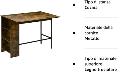 Bancone Bar Pieghevole in Stile Industriale Con Scaffale a 3 Ripiani, Tavolo Alto in Legno E Acciaio 120X76X91.4Cm