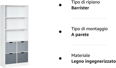 Mobile Libreria Con 4 Cassetti E 3 Ripiani Aperti per Casa E Ufficio, in MDF E Truciolato, 76X30X173Cm, Bianco E Grigio