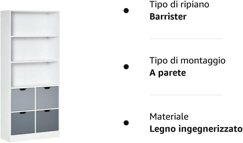 Mobile Libreria Con 4 Cassetti E 3 Ripiani Aperti per Casa E Ufficio, in MDF E Truciolato, 76X30X173Cm, Bianco E Grigio