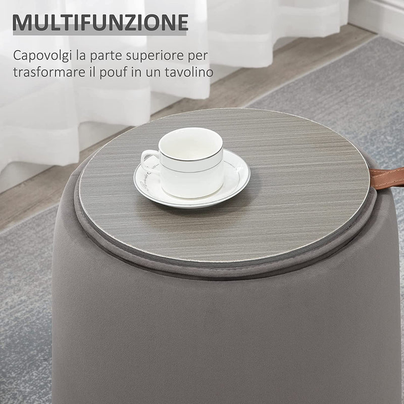 Pouf Poggiapiedi in Velluto Con Contenitore, Coperchio 2 in 1 Con Imbottitura E Lato in Legno, Tavolino Da Caffè Rotondo Ø44 X 47.5Cm, Grigio