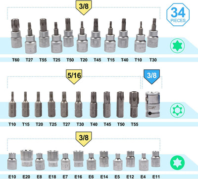 Set Di 34 Chiavi a Bussola Torx E4-E20 T10-T60 Femmina E Maschio Inserti per Chiave a Bussole Con Punta