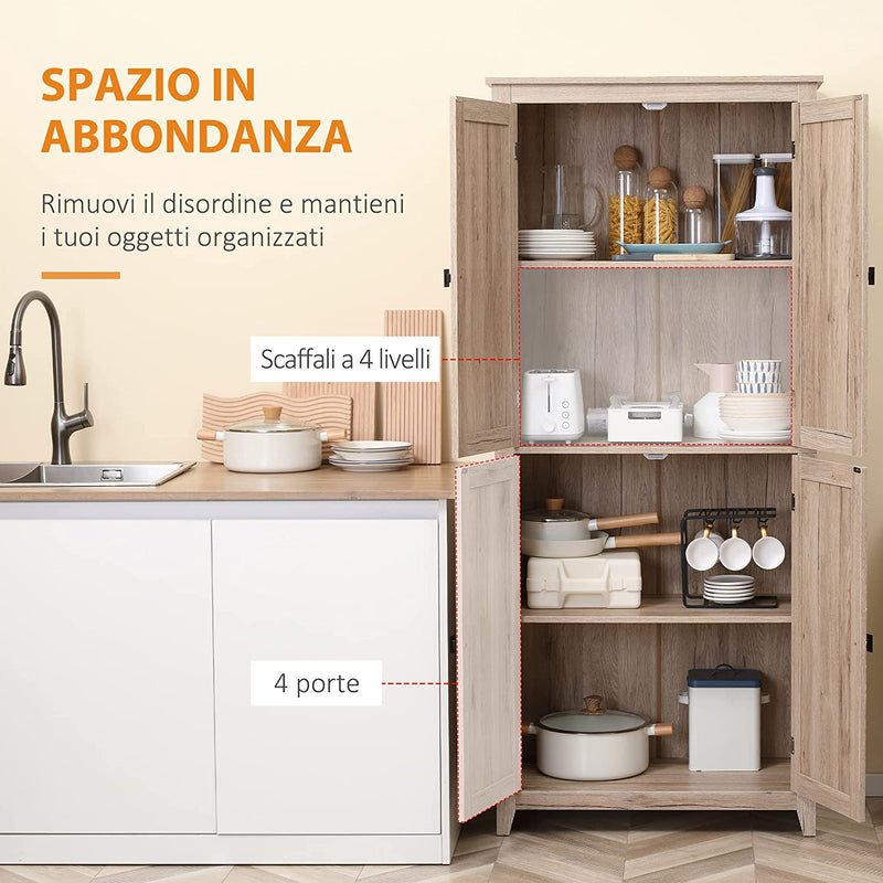 Credenza Moderna a 4 Ante Con Mensole Regolabili E Base Rialzata, Mobile Cucina in Legno 80X40X182Cm, Colore Naturale