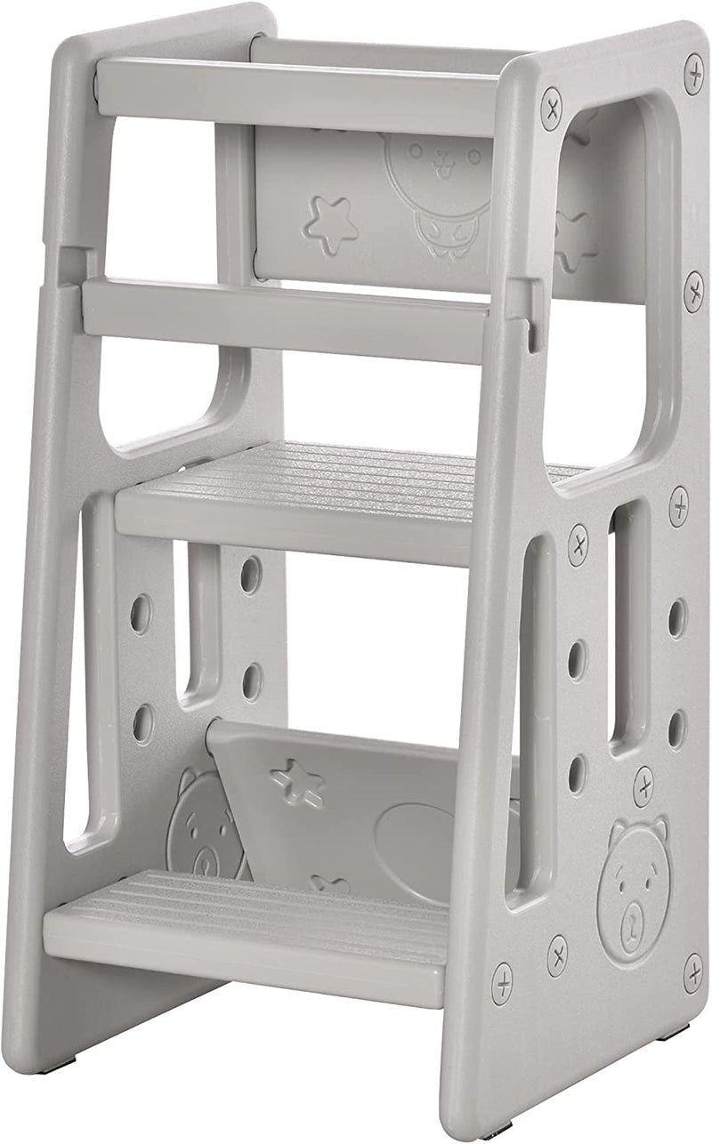 Scaletta per Bambini Torre Montessoriana Altezza Regolabile 3 Livelli, HDPE Inodore, 47X47X90Cm, Grigio