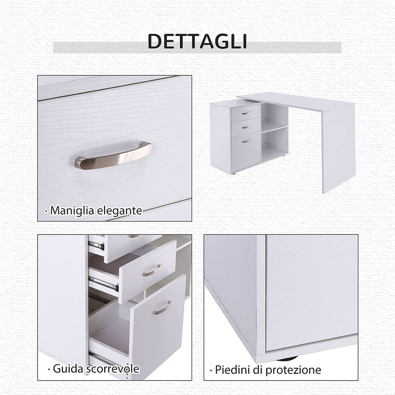 Scrivania Angolare per Computer Da Ufficio Con Cassettiera 117×83.5×76Cm Bianco