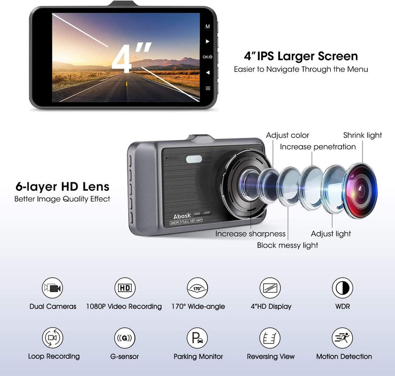 Dash Cam Doppia Telecamera per Auto,1080P Visione Notturna, Rilevatore Di Movimento, Monitor Di Parcheggio, 4 Pollici Obiettivo Grandangolare Di 310°, WDR, G-Sensor, Registrazione in Loop