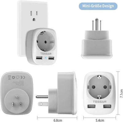 Adattatore Presa Americana, Adattatore USA Con 2 USB, 3 in 1 Presa Americana, Adattatore Americano per America/Canada/Messico, Adattatore Presa USA 1250W, Adattatore Spina Americana Tipo B