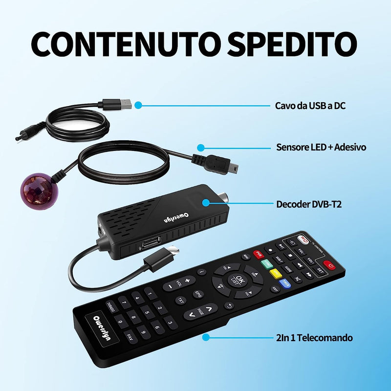 Decoder DVB-T2, Decoder Digitale Terrestre 2022/2023, HD 1080P H265 HEVC Main 10 Bit, HDMI CEC TV Stick Supporto Uscita HDMI/AV E USB Multimediale/Funzione PVR [Telecomando 2In 1 Con Comandi TV]