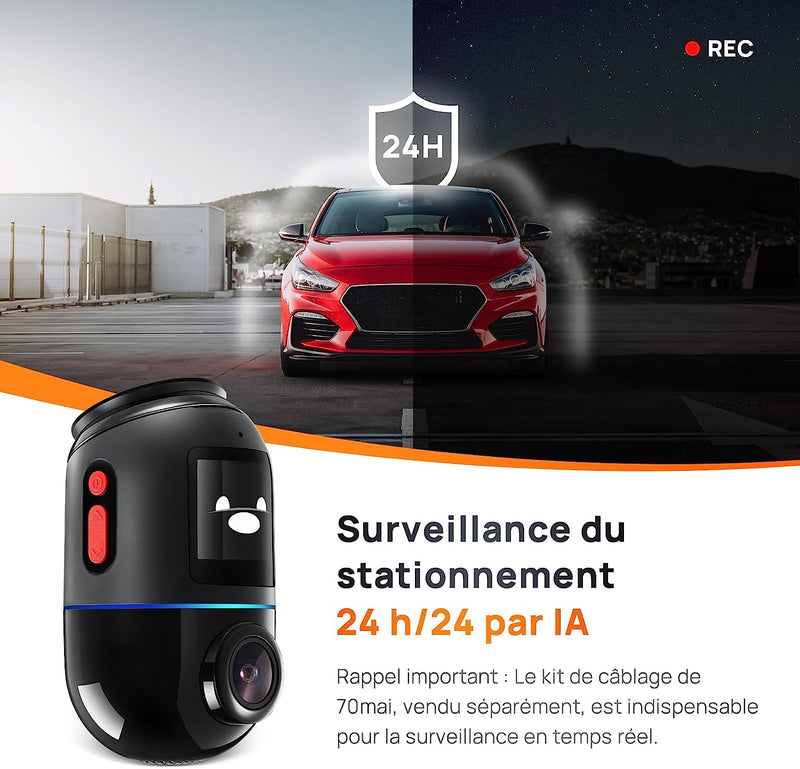 Dash Cam Omni, Rotazione a 360°, Visione Notturna Superiore, Memoria Emmc Da 128GB Integrata, Registrazione Time-Lapse, Modalità Parcheggio 24H, Rilevamento Del Movimento AI, 1080P Full HD