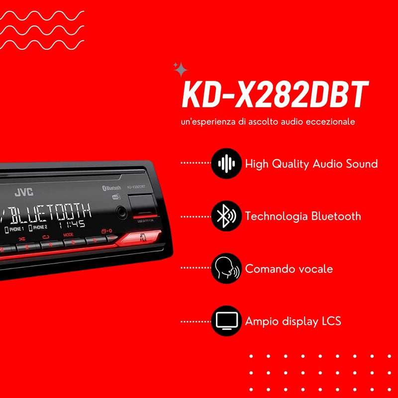 , Autoradio Bluetooth KD-X282DBT, Digital Media Receiver Con DAB+, Chiamate in Viva Voce E Streaming Audio Con App , Display LCS, AUX Frontale E USB Retroilluminata, Nero