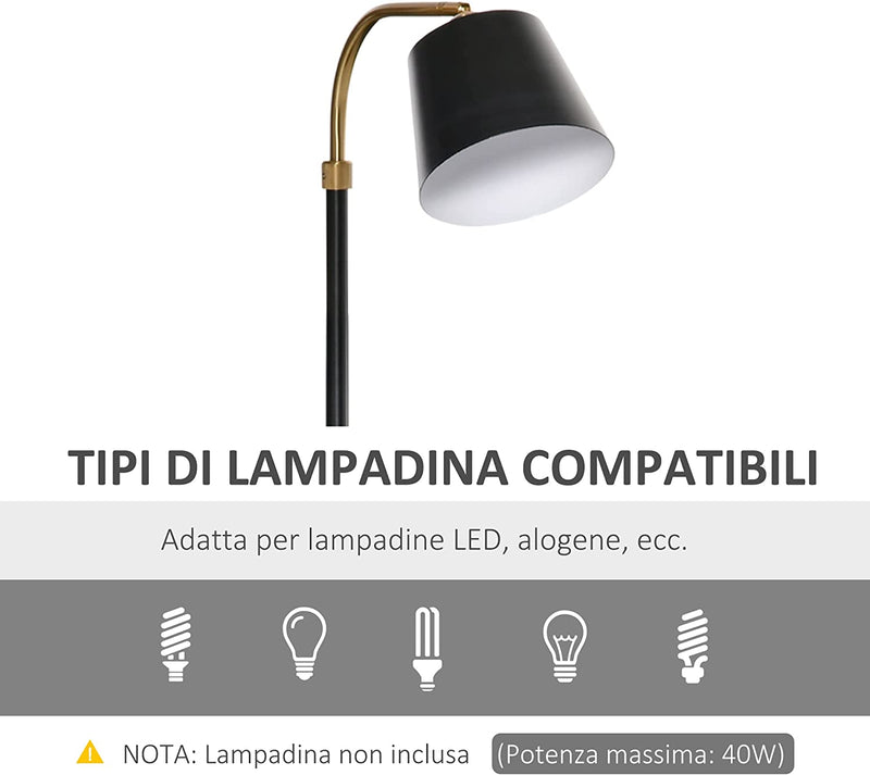 Lampada Da Terra Con Ripiano Da Ф29.5Cm, Lampada Da Pavimento per Salotto Compatibile Con Lampadine E27 Da 40W, Metallo Nero E Oro