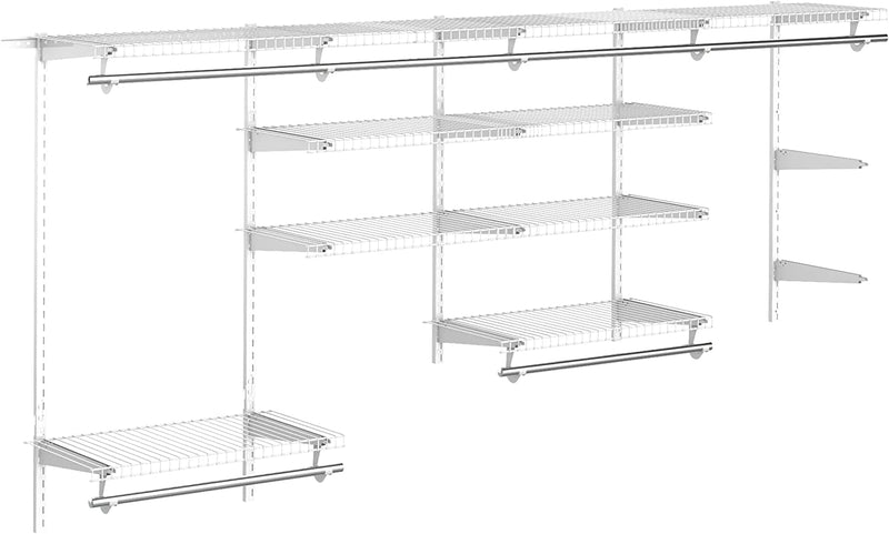 Organizer in Acciaio Montato a Muro Con 9 Ripiani Regolabili E 5 Aste per Appendere, 249.4X38.8X162 Cm, Bianco