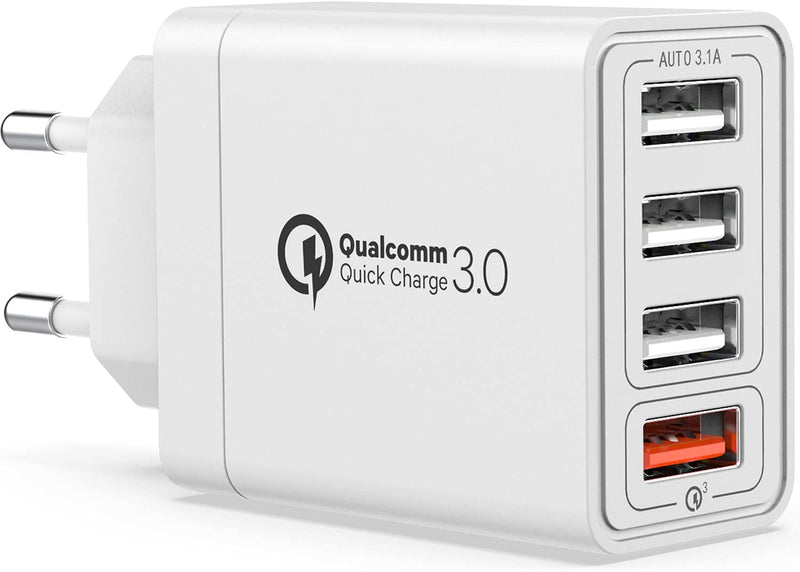 Caricatore USB Da Muro Multiplo Carica Rapida,Quick Charger 3.0 30W/6A 4 Porte Caricabatterie Alimentatore Presa USB Da Parete per Iphone 12/11/Xs/X,Samsung Galaxy S21/S20/Note,Xiaomi,Huawei