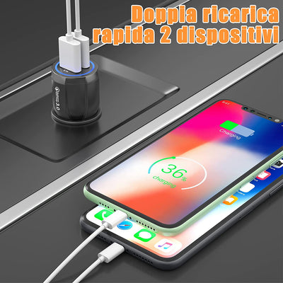 Caricatore,2 Porte Caricabatteria Da Auto,Quick Charge 3.0 Accendisigari USB Compatibile Con Iphone, Ipad Samsung Galaxy S10/S9/S8,Huawei, Xiaomi, Nero