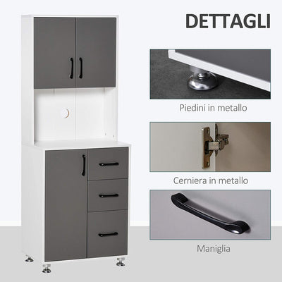 Credenza Alta Da Cucina Con Design Moderno, Madia Mobile Buffet in Legno Bianco E Grigio, 60X40X160Cm