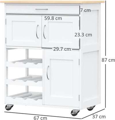 Carrello Portavivande, Carrellino per Cucina in Legno Bianco Con Portabottiglie 1 Cassetto E 3 Antine, 67X37X87Cm