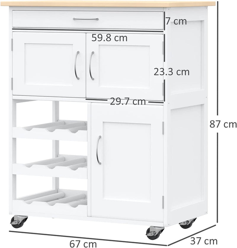 Carrello Portavivande, Carrellino per Cucina in Legno Bianco Con Portabottiglie 1 Cassetto E 3 Antine, 67X37X87Cm