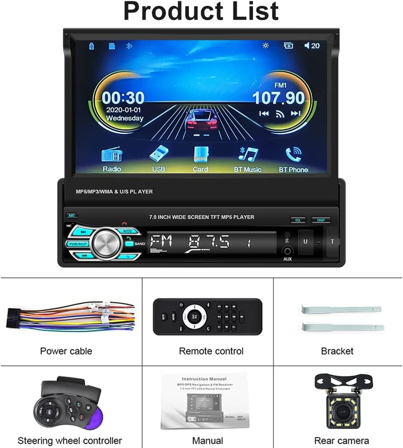 1 Din Autoradio Carplay Android Auto Stereo Con 7 Pollici Manuale Flip Out Schermo, Radio Bluetooth Auto Con FM TF AUX USB Mirror Link per Android/Ios & Retromarcia