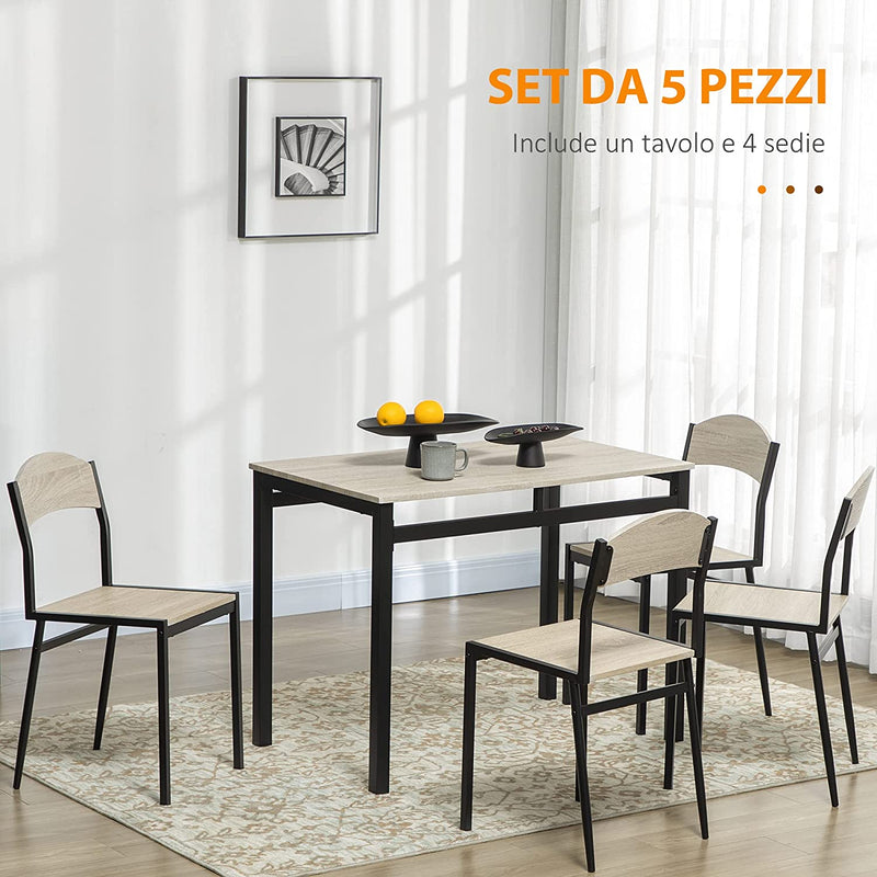 Set Da Pranzo Da 5 Pezzi Con 1 Tavolo Rettangolare 100X63X76.5 Cm E 4 Sedie 45X40X82 Cm, in Acciaio E MDF, Nero E Rovere